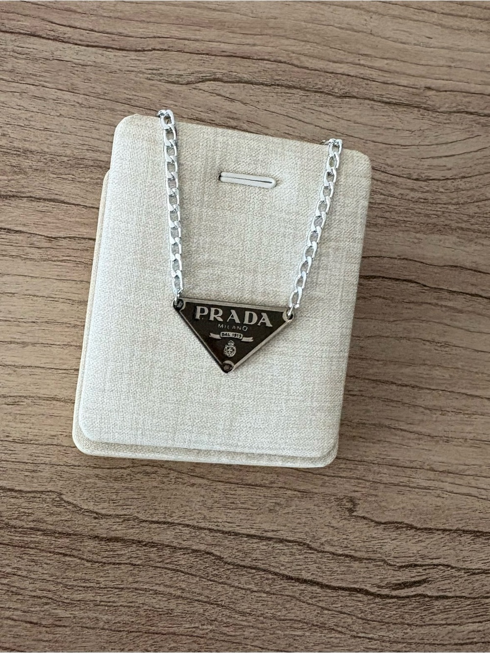 Enamel reworked  Silver-Tone Triangle Logo Necklace with Black Plaque